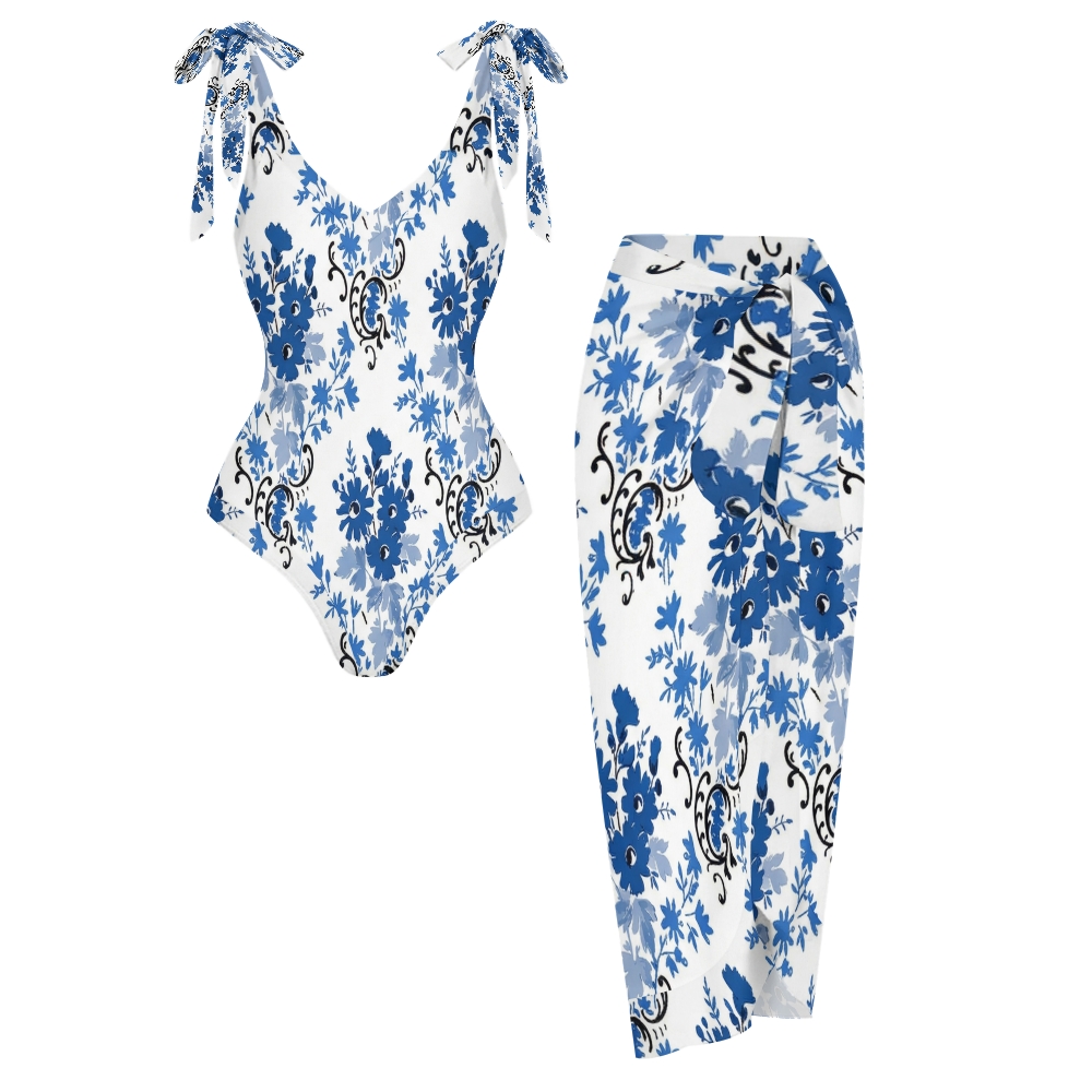 Women's Blue White Floral Printed One Piece Swimsuits and Cover Ups