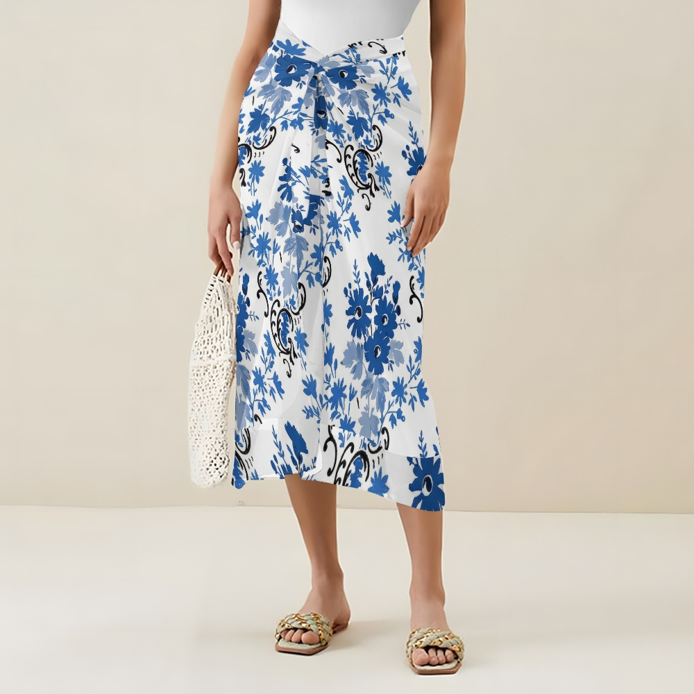 Women's Blue White Floral Printed One Piece Swimsuits and Cover Ups