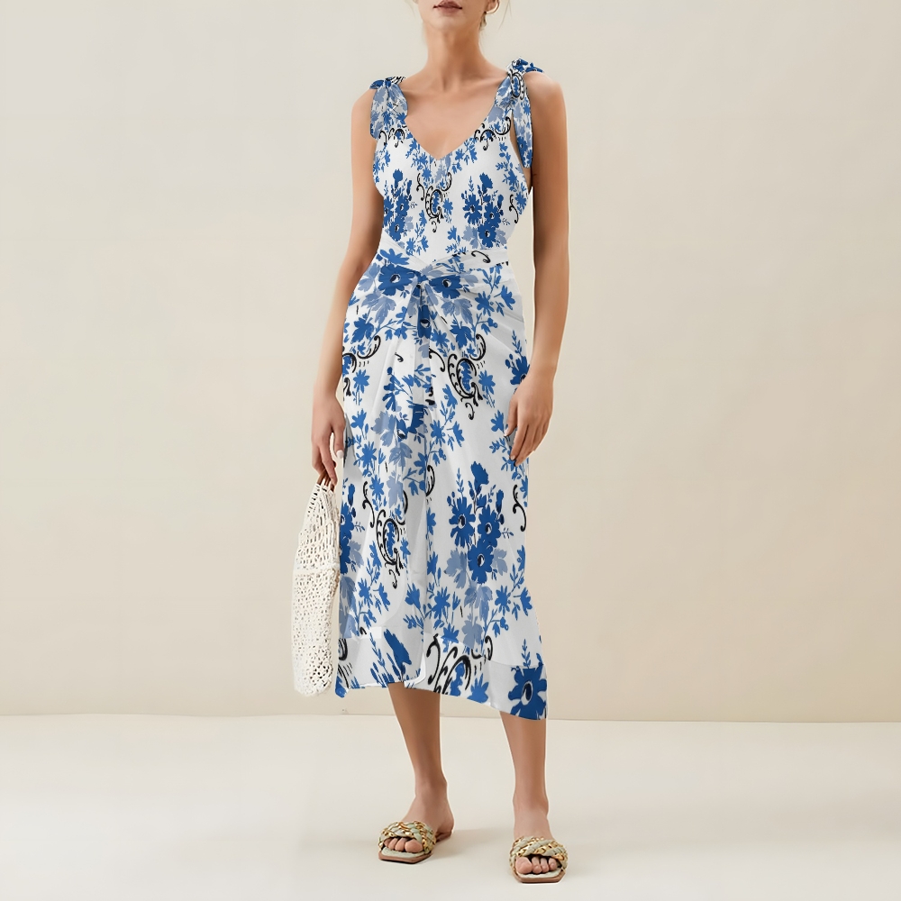 Women's Blue White Floral Printed One Piece Swimsuits and Cover Ups