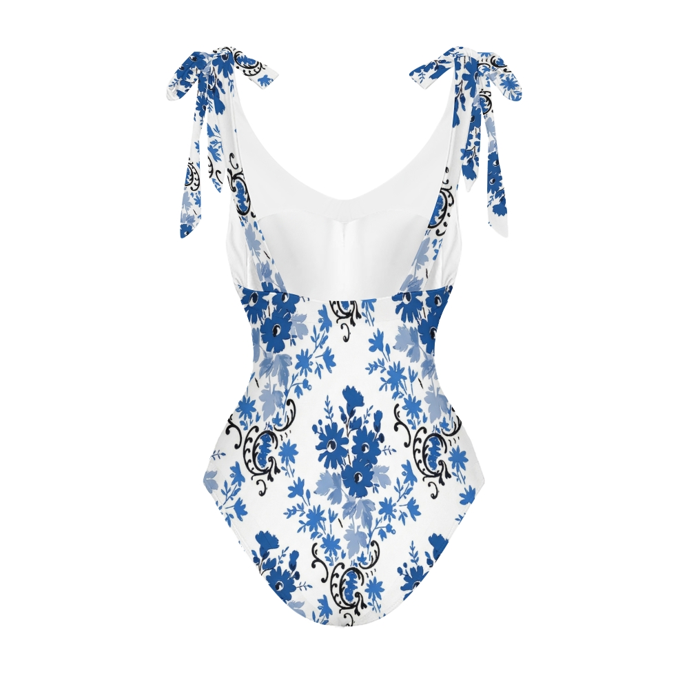 Women's Blue White Floral Printed One Piece Swimsuits and Cover Ups