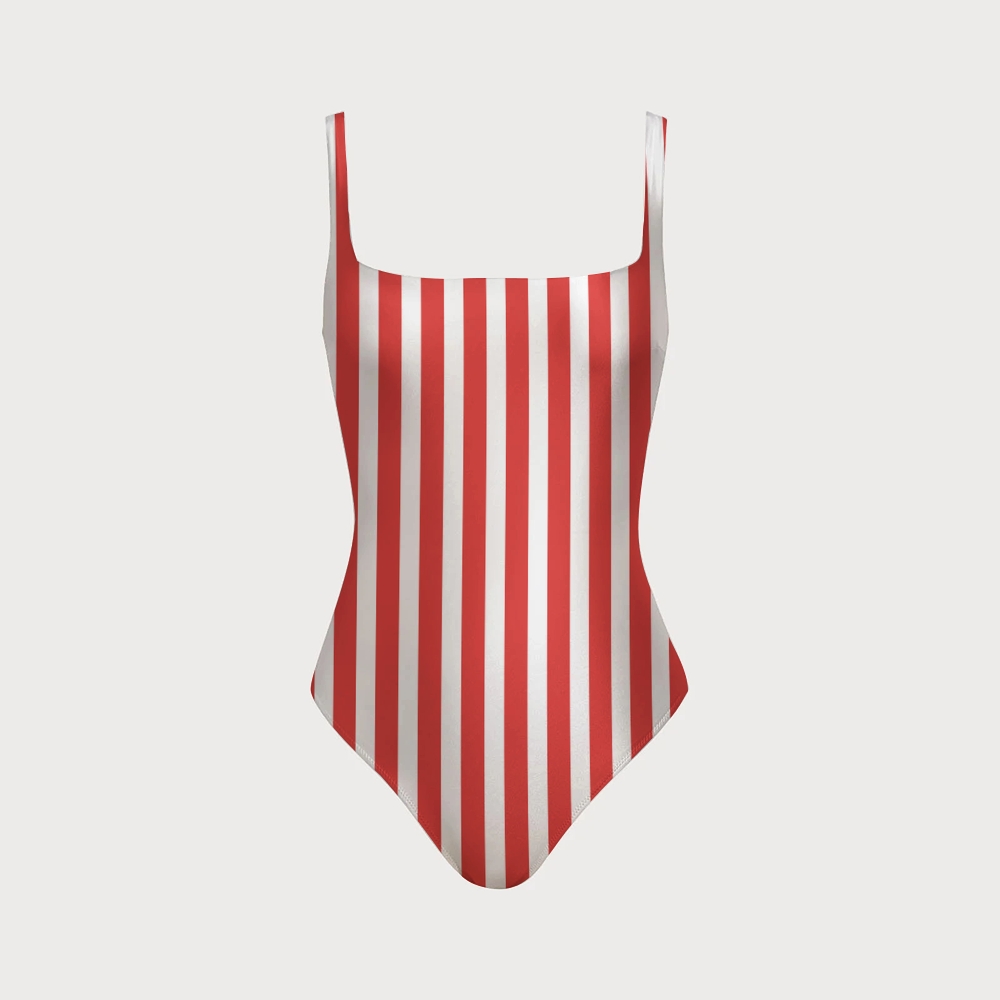 Women's Red & White Stripe One-piece With Back Mesh Knot