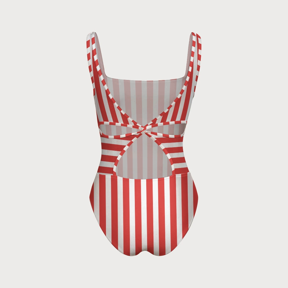 Women's Red & White Stripe One-piece With Back Mesh Knot