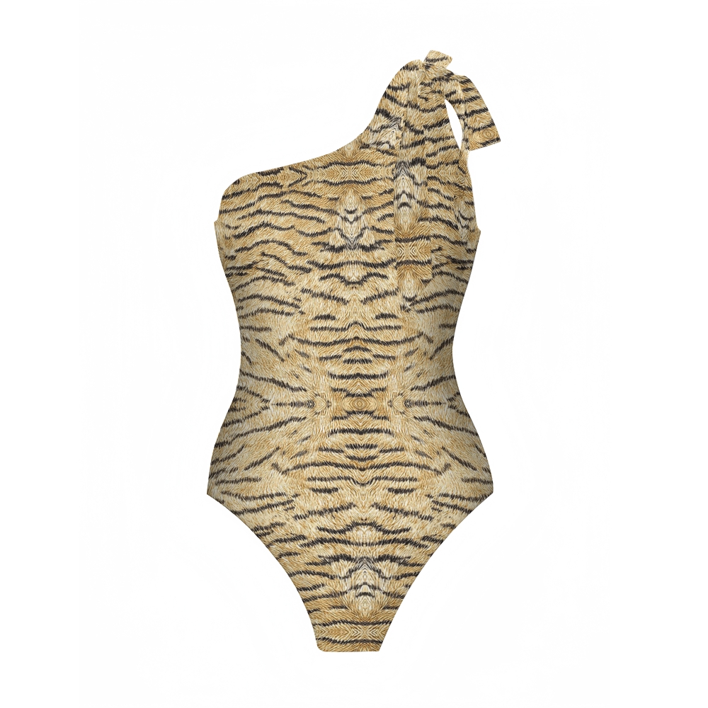Tiger Stripe One-Shoulder Swimsuit with Ruffle Hem Skirt
