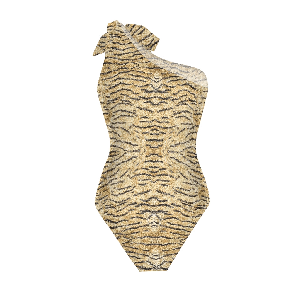 Tiger Stripe One-Shoulder Swimsuit with Ruffle Hem Skirt