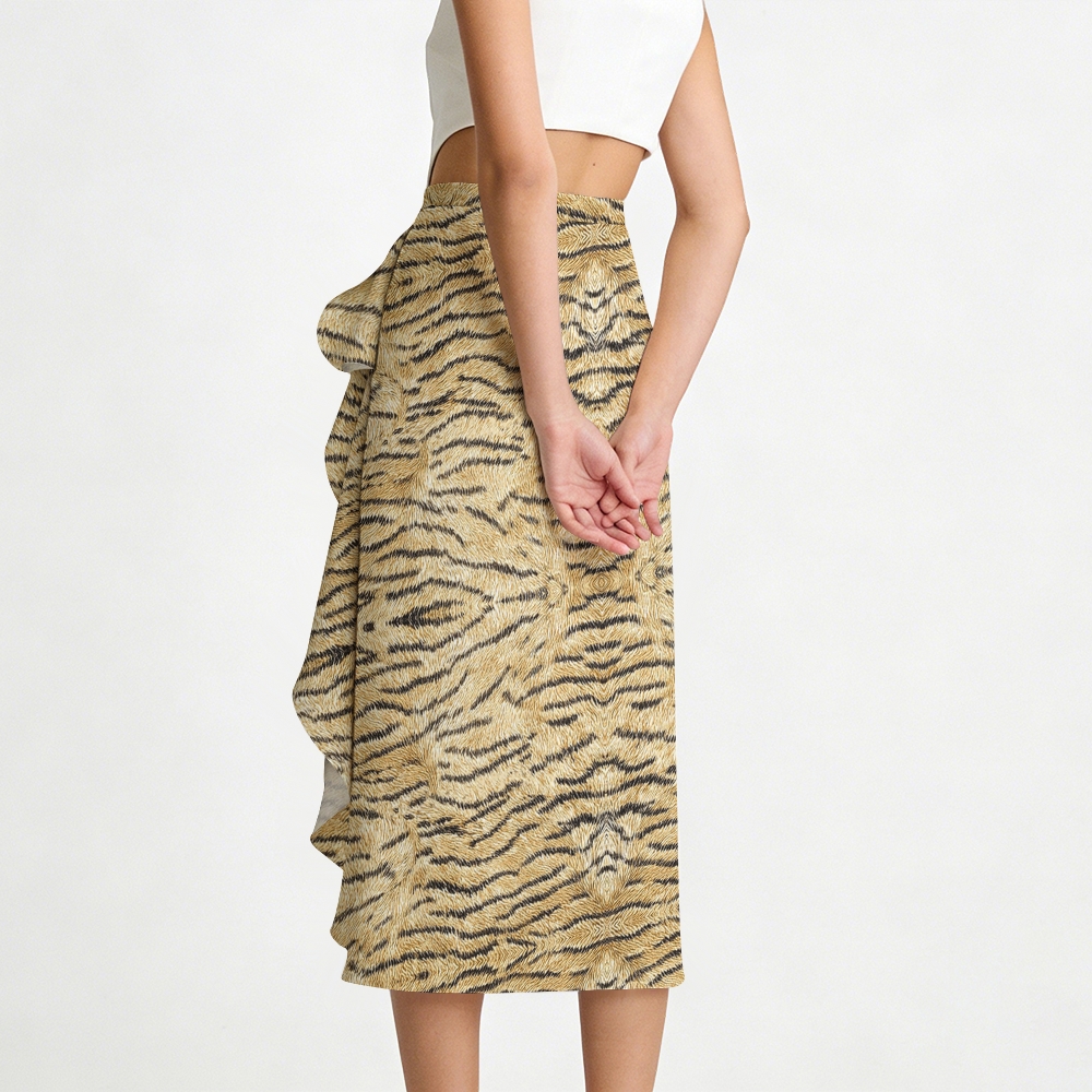 Tiger Stripe One-Shoulder Swimsuit with Ruffle Hem Skirt