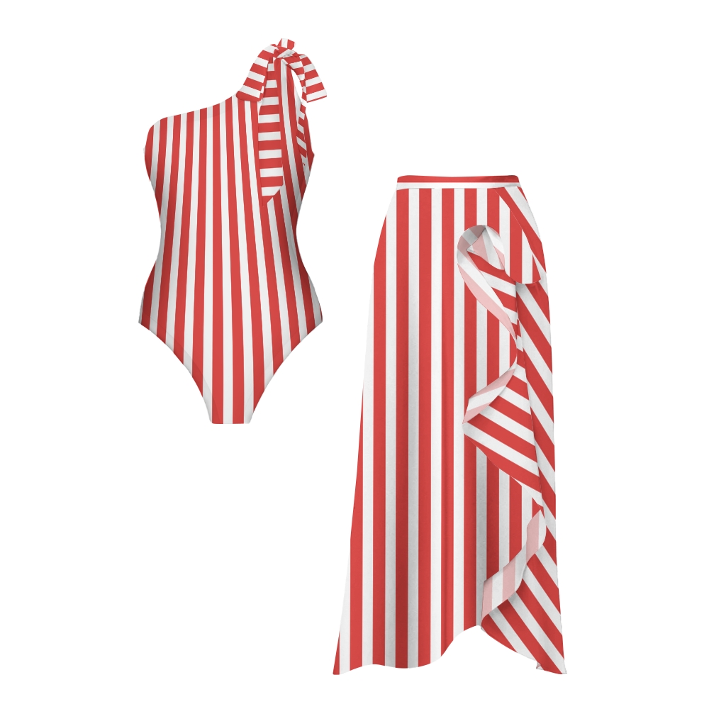 Red & White Stripe Swimsuit with Ruffle Hem Skirt Set