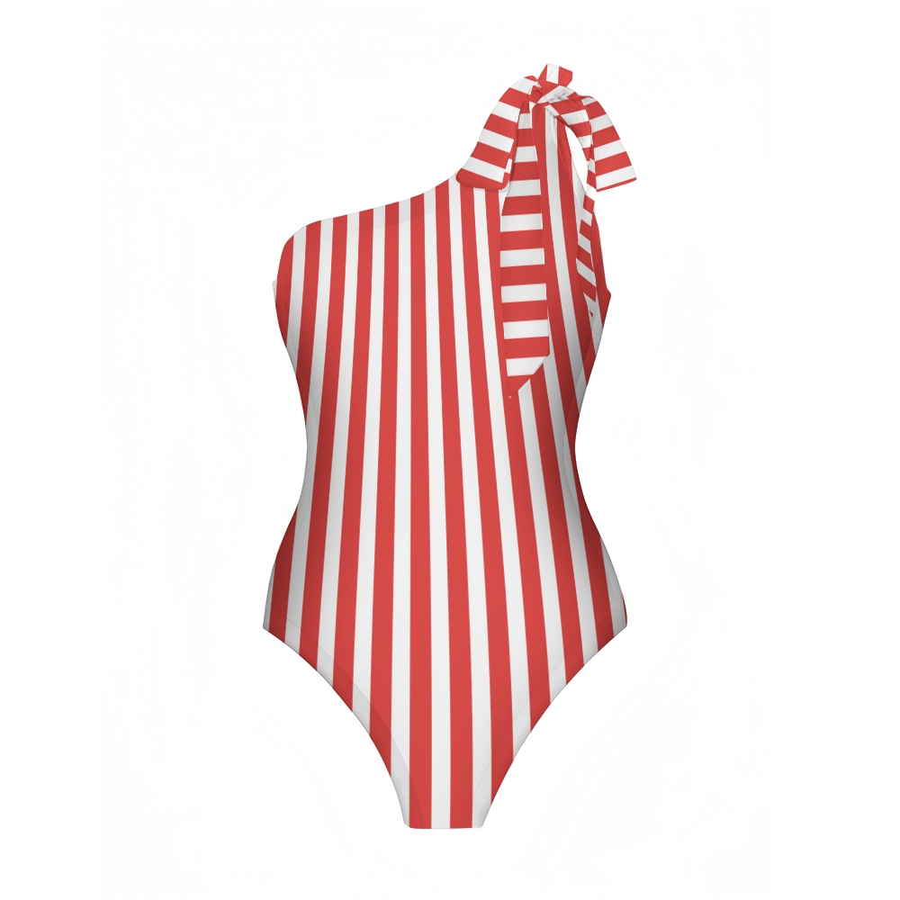 Red & White Stripe Swimsuit with Ruffle Hem Skirt Set