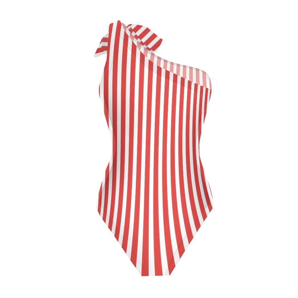 Red & White Stripe Swimsuit with Ruffle Hem Skirt Set