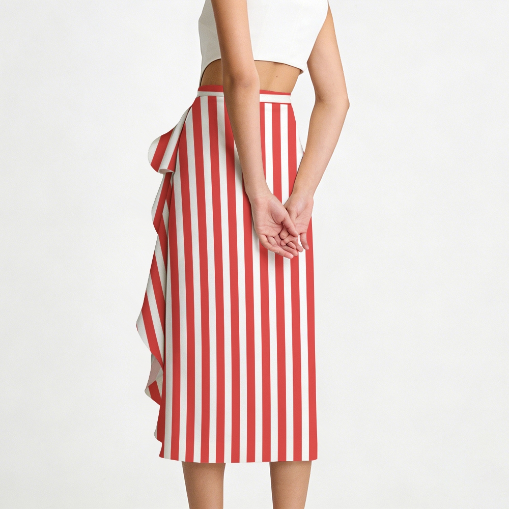 Red & White Stripe Swimsuit with Ruffle Hem Skirt Set
