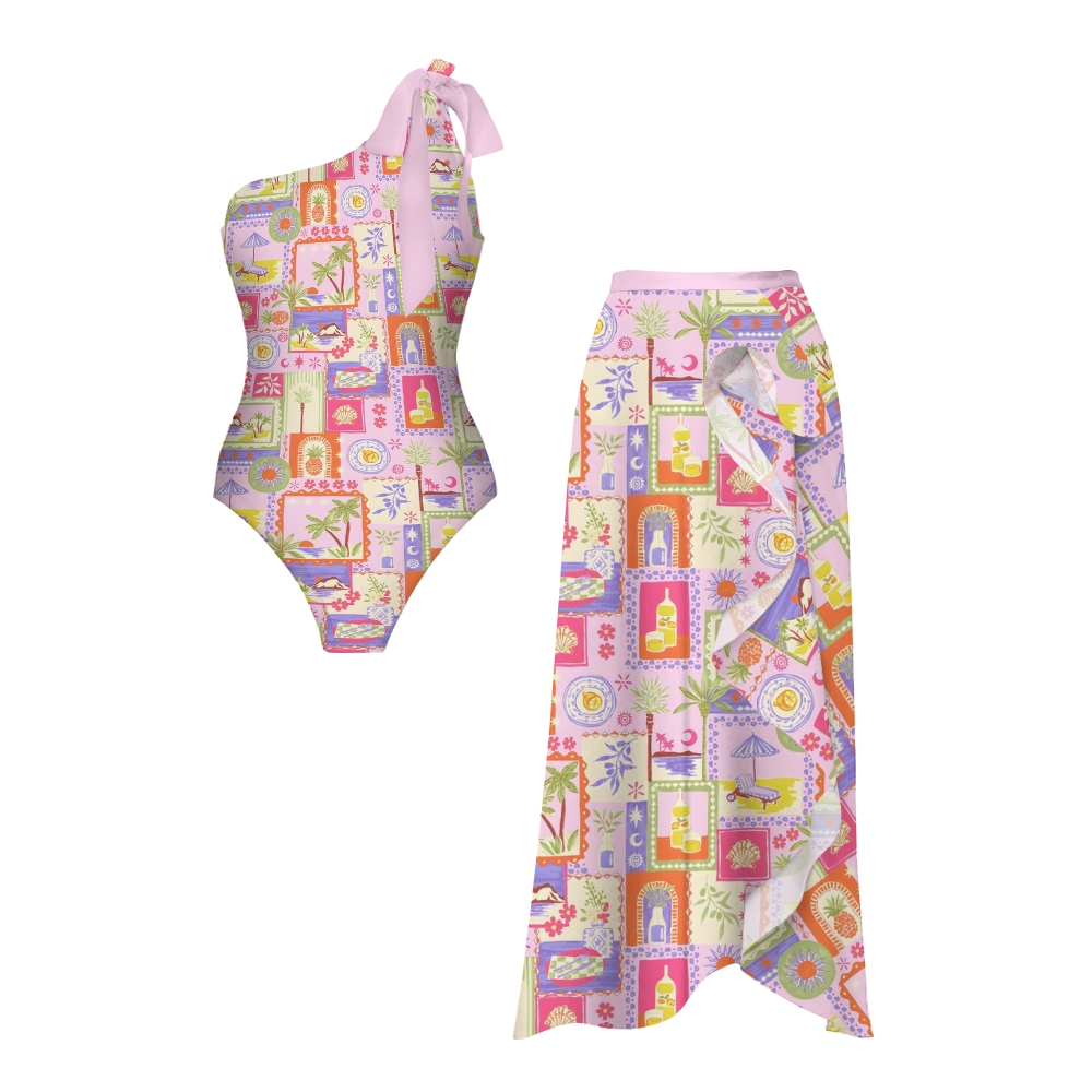 Tropical Collage Swimsuit with Ruffle Hem Skirt Set