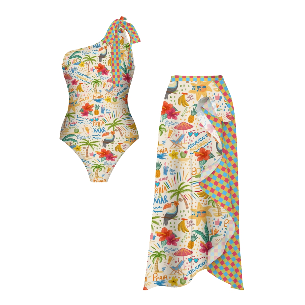 Beach Doodle Print Swimsuit with Ruffle Hem Skirt Set