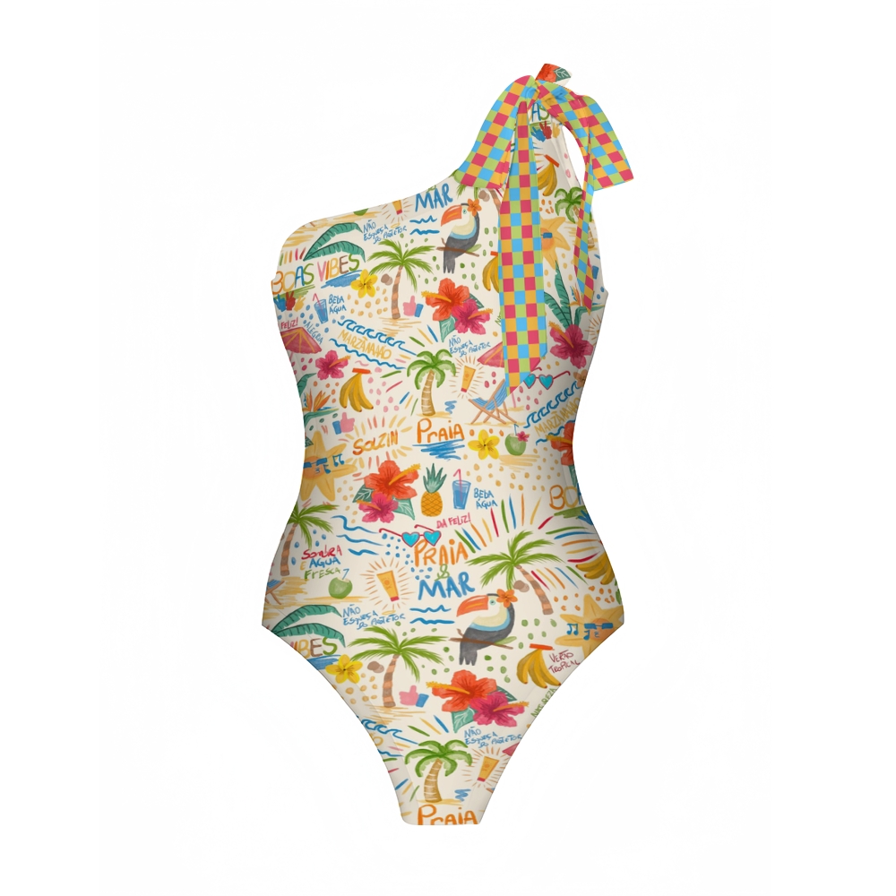 Beach Doodle Print Swimsuit with Ruffle Hem Skirt Set
