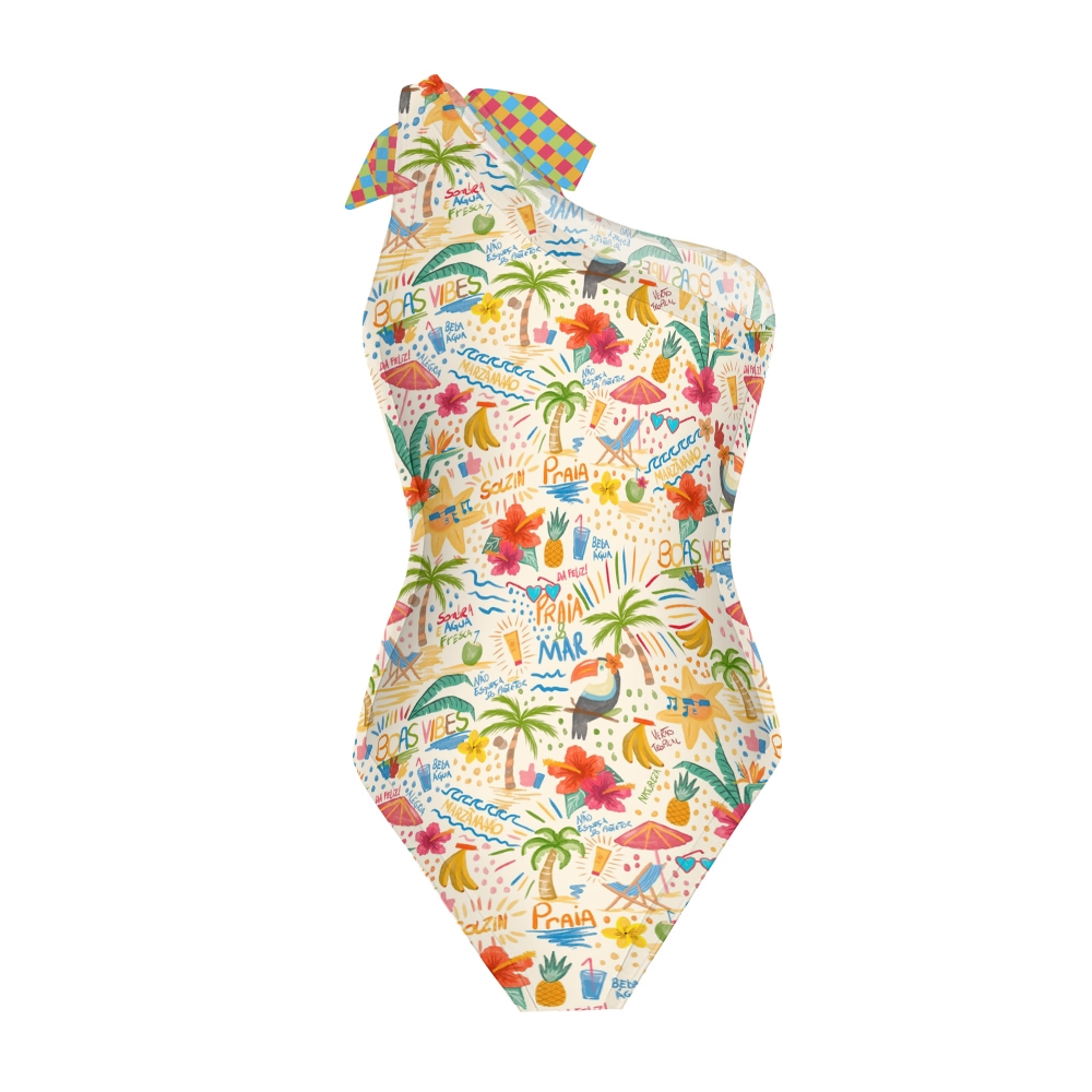 Beach Doodle Print Swimsuit with Ruffle Hem Skirt Set