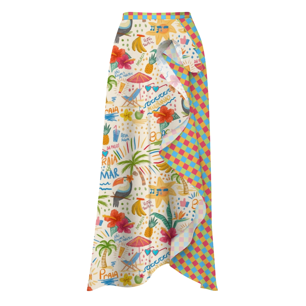 Beach Doodle Print Swimsuit with Ruffle Hem Skirt Set