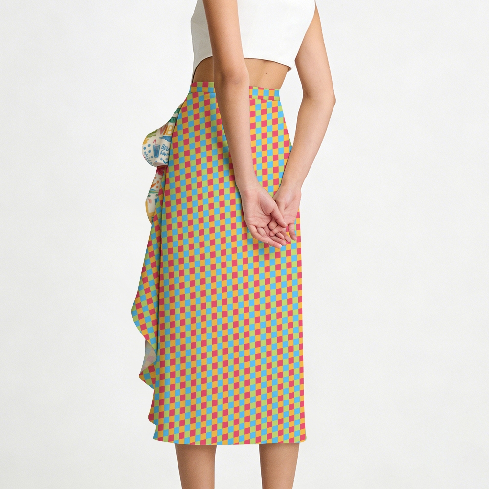 Beach Doodle Print Swimsuit with Ruffle Hem Skirt Set