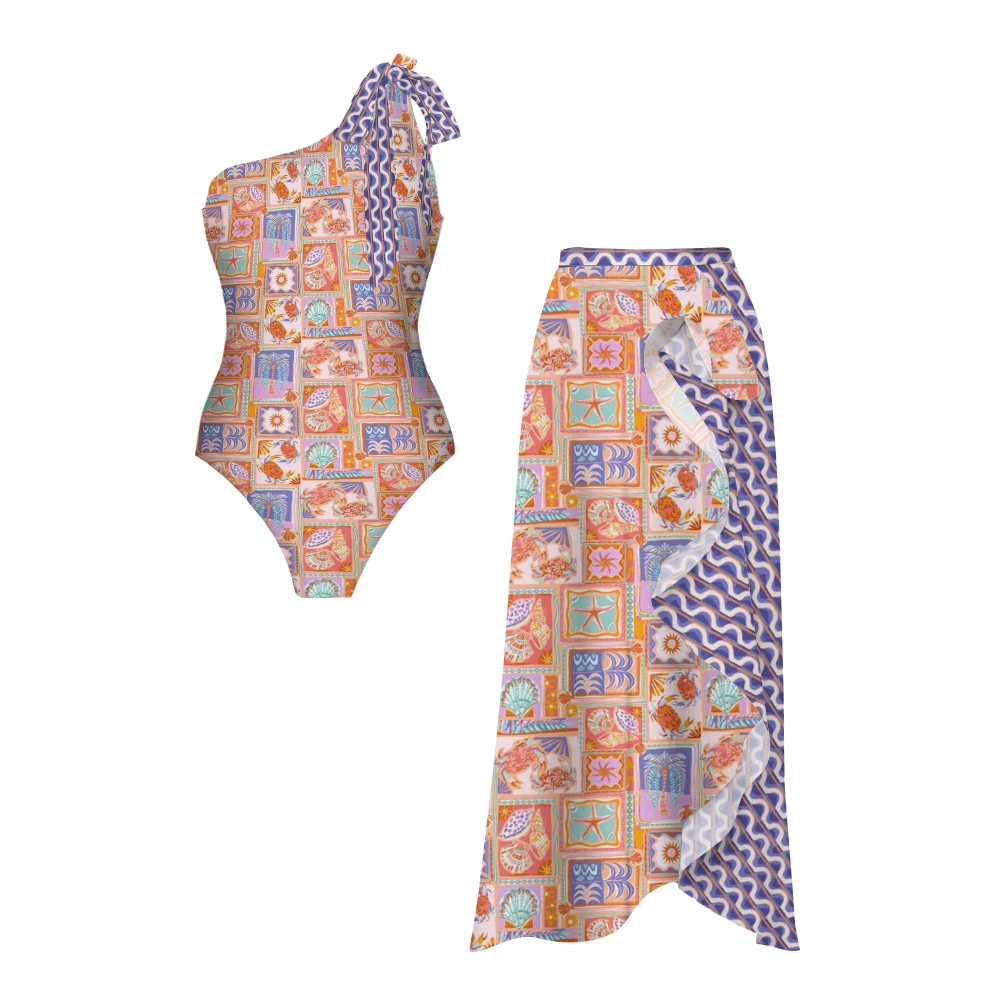 Crab & Shell Patchwork Tie Swimsuit with Ruffle Hem Skirt Set