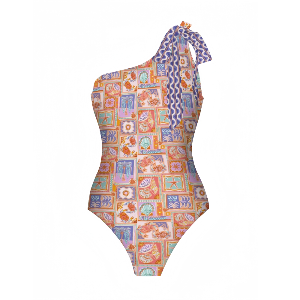 Crab & Shell Patchwork Tie Swimsuit with Ruffle Hem Skirt Set