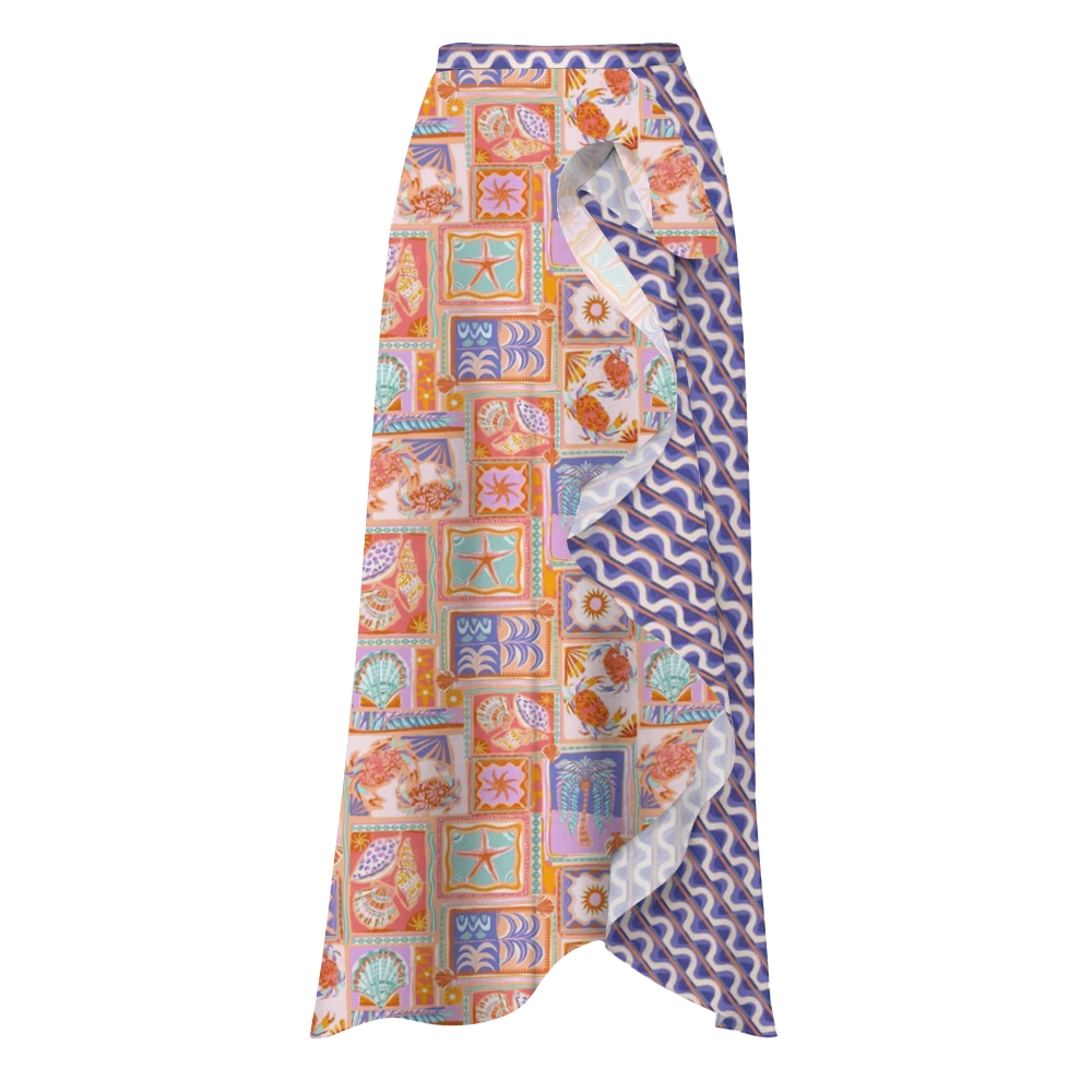 Crab & Shell Patchwork Tie Swimsuit with Ruffle Hem Skirt Set