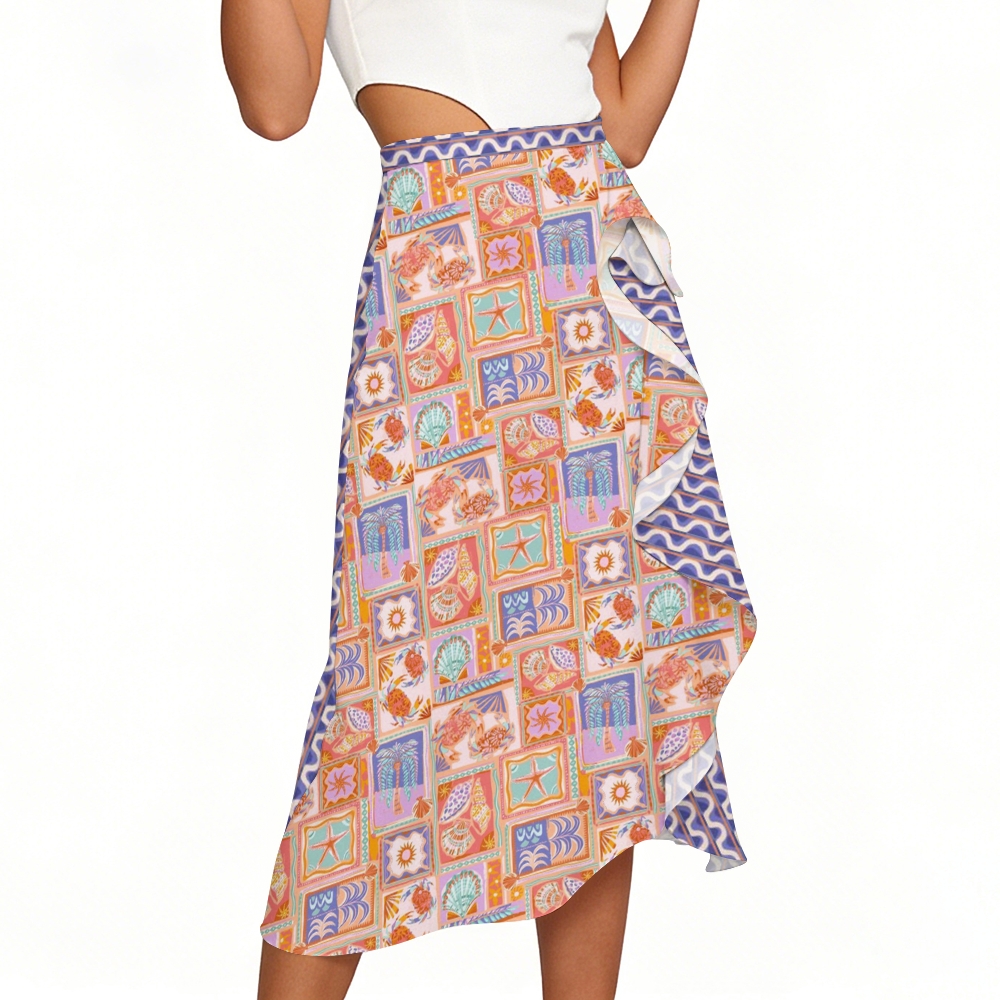 Crab & Shell Patchwork Tie Swimsuit with Ruffle Hem Skirt Set