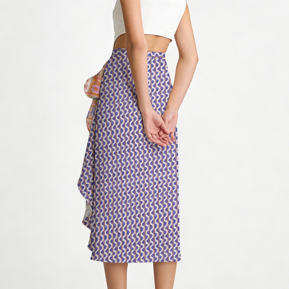 Crab & Shell Patchwork Tie Swimsuit with Ruffle Hem Skirt Set