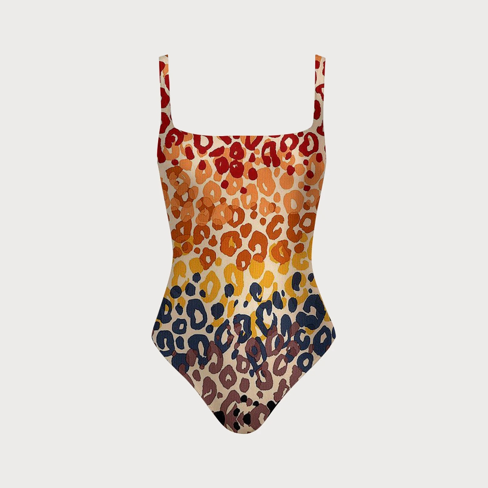 Gradient Leopard Square Neck Crisscross Backless One-Piece