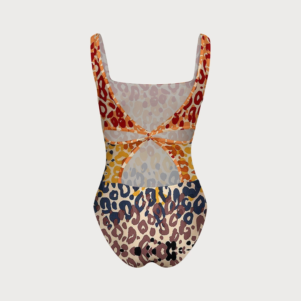Gradient Leopard Square Neck Crisscross Backless One-Piece