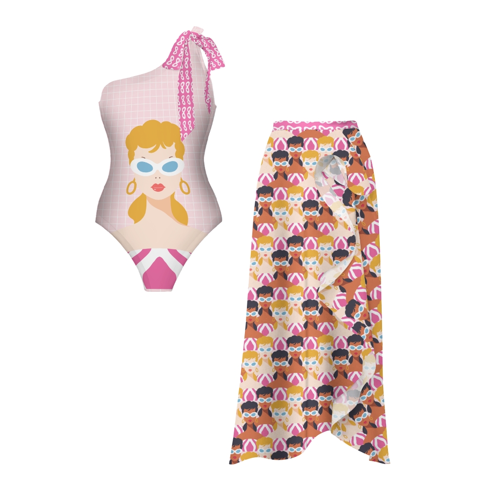 Retro Pool Girl Print Swimsuit with Ruffle Hem Skirt Set