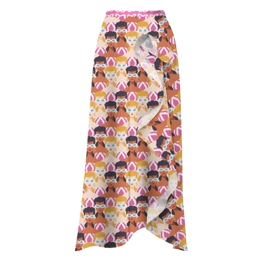 Retro Pool Girl Print Swimsuit with Ruffle Hem Skirt Set