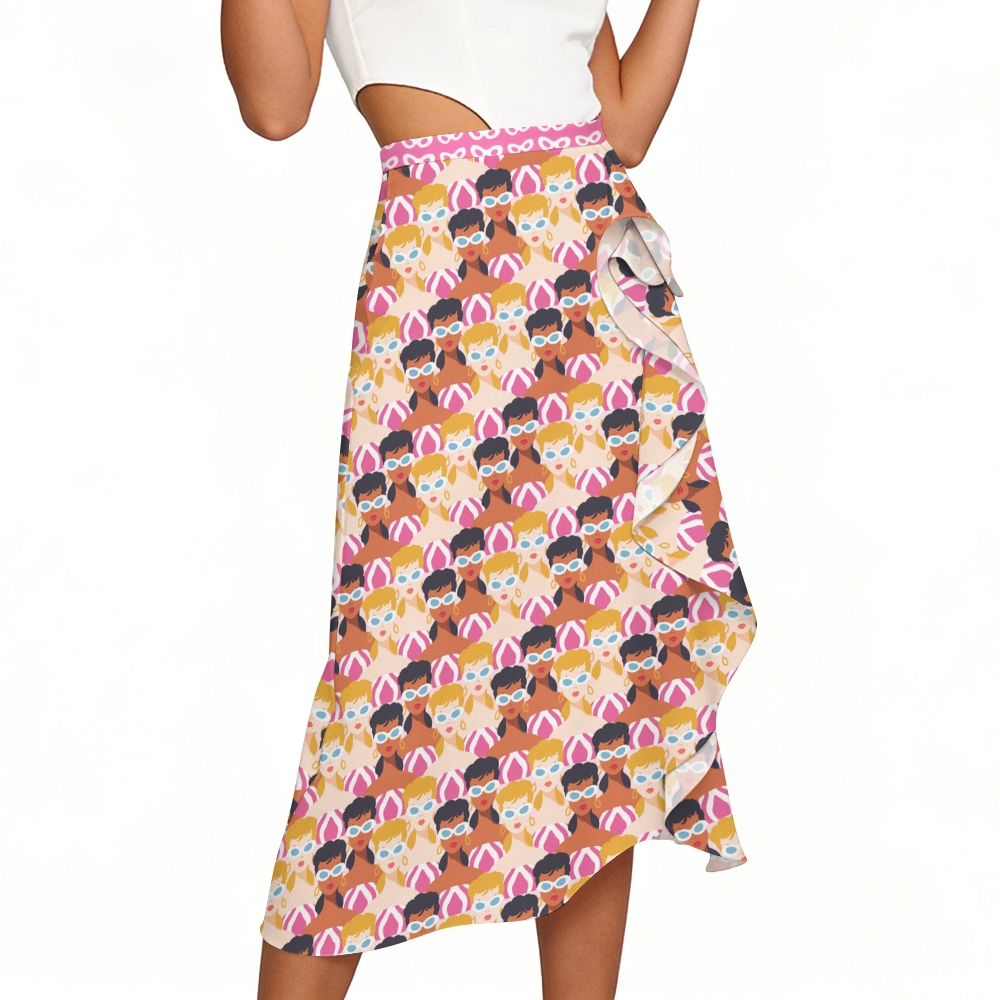 Retro Pool Girl Print Swimsuit with Ruffle Hem Skirt Set