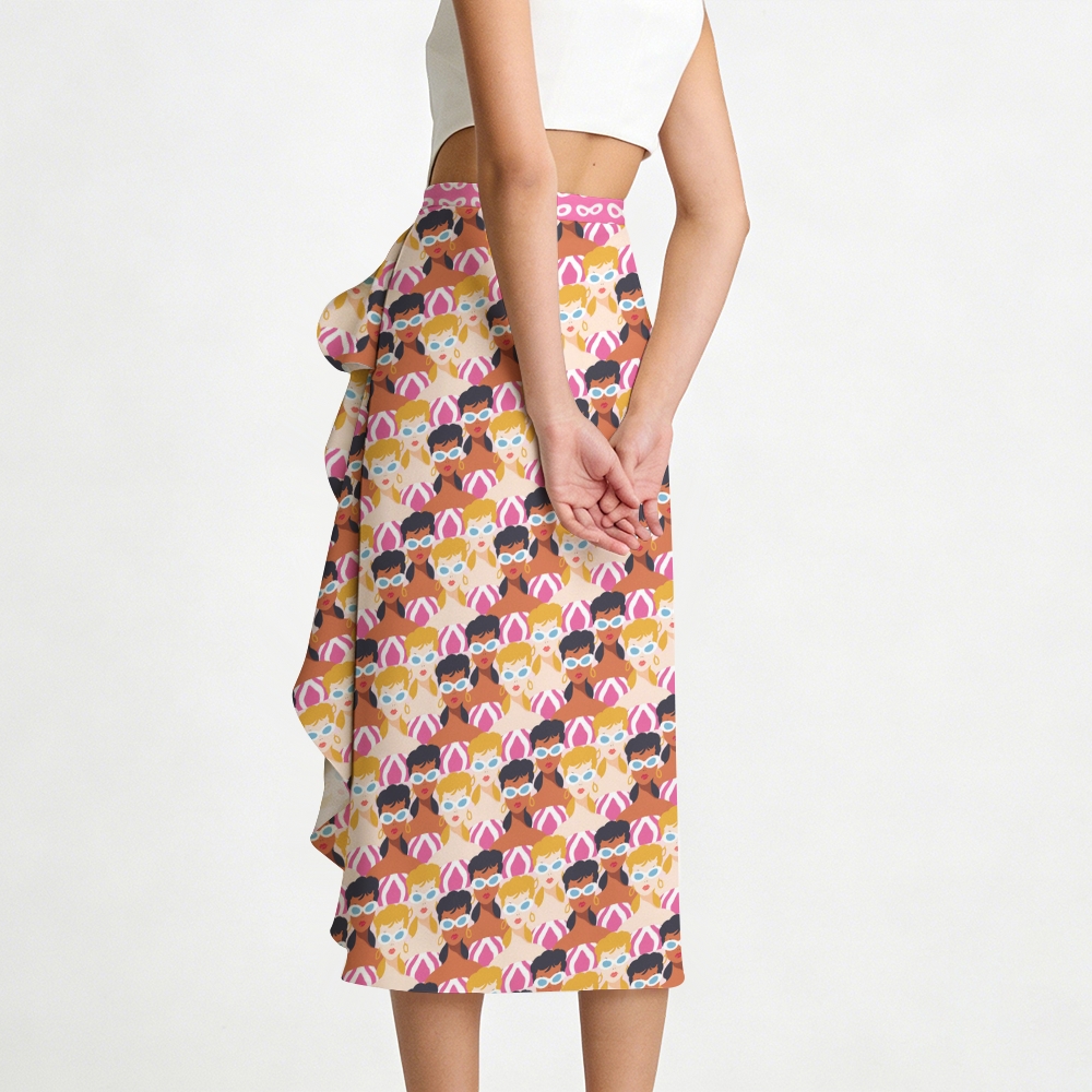 Retro Pool Girl Print Swimsuit with Ruffle Hem Skirt Set