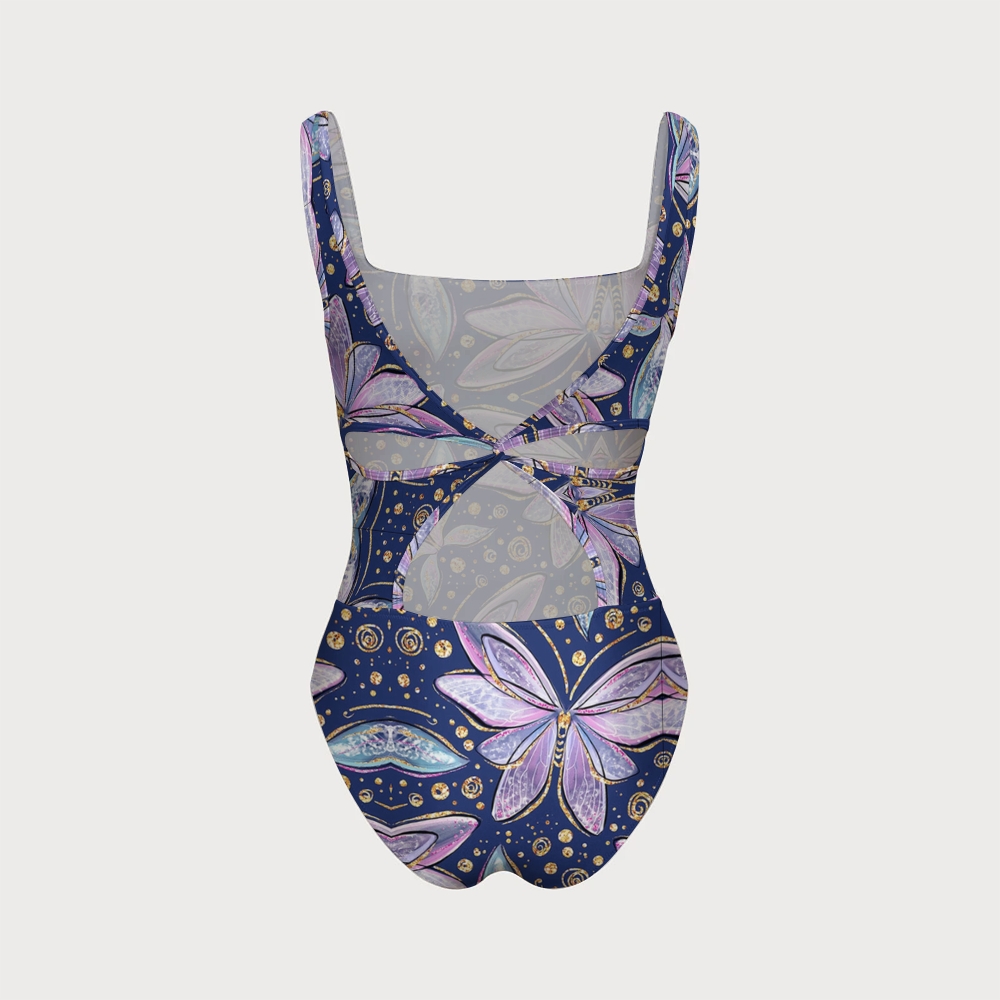 Iridescent Butterfly Square Neck Crisscross Backless One-Piece