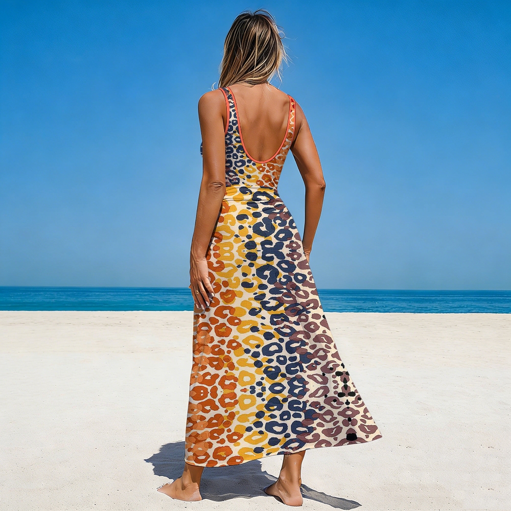 Multicolor Leopard Deep V One-Piece with Matching Skirt Set