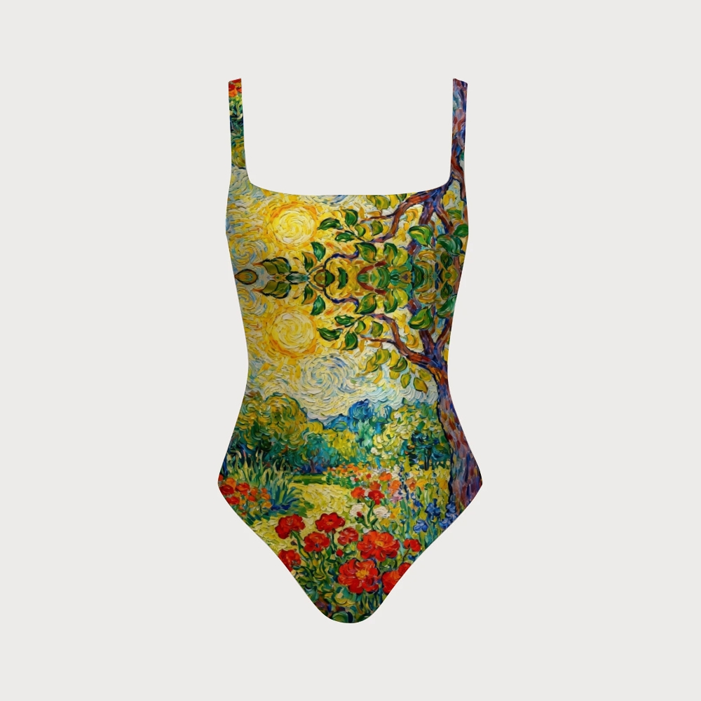 Van Gogh Garden Oil Painting Crisscross Backless One-Piece