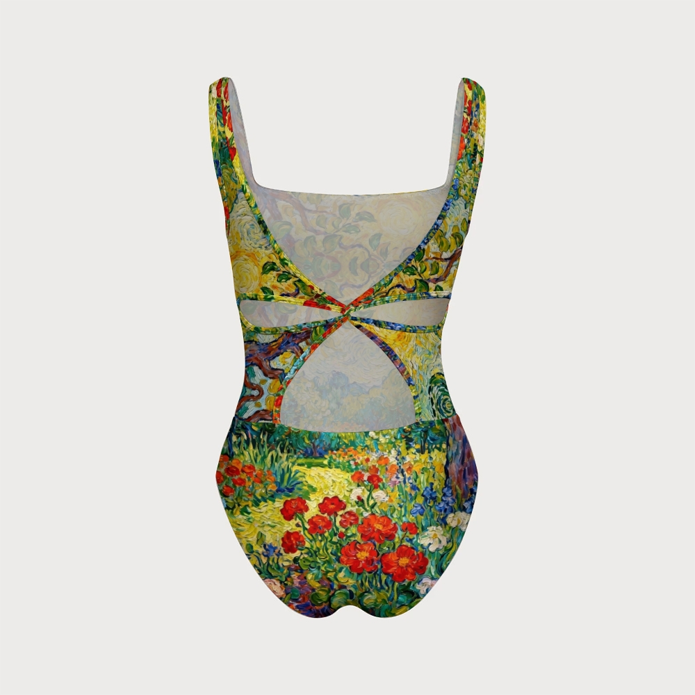 Van Gogh Garden Oil Painting Crisscross Backless One-Piece