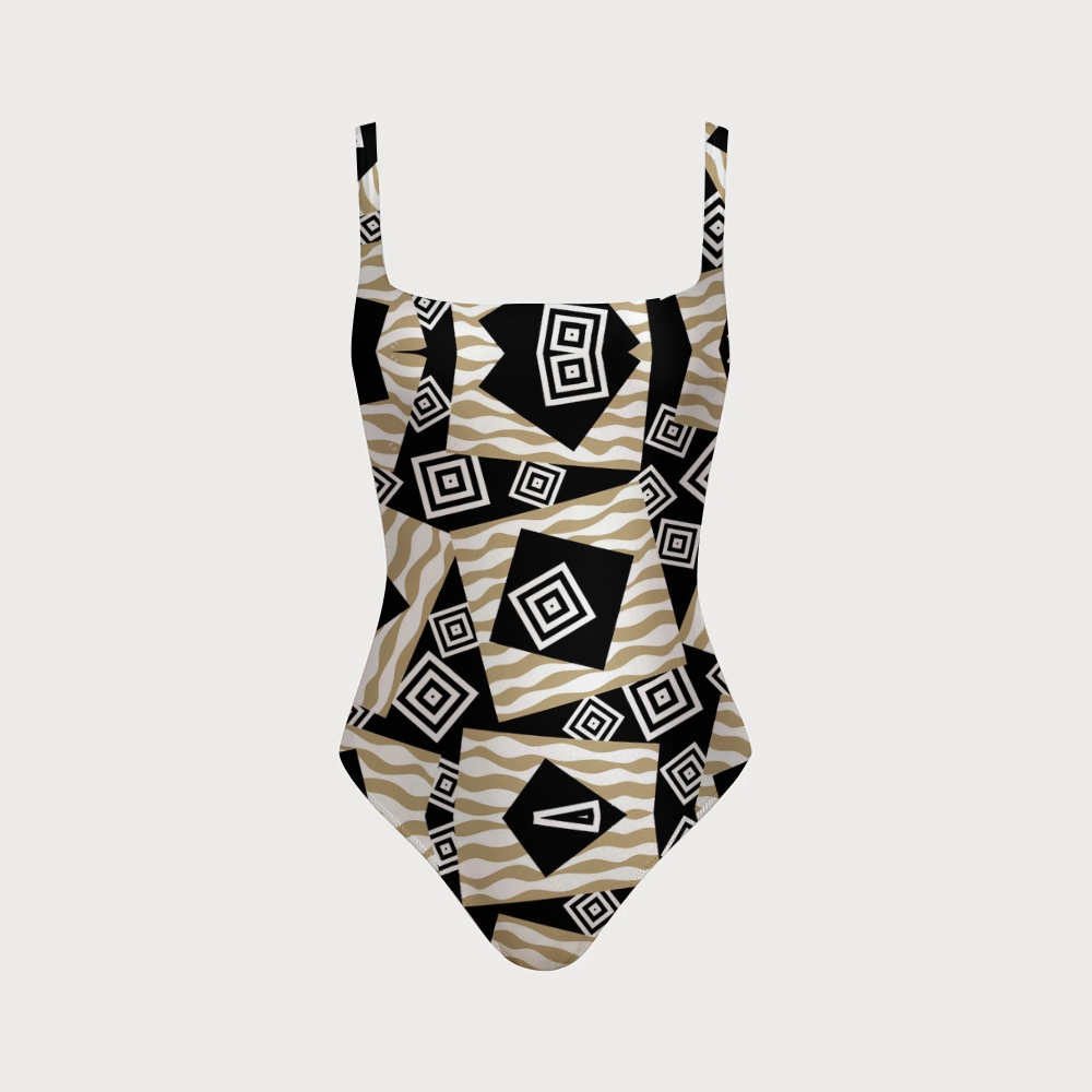 Geometric Colorblock Square Neck Crisscross Backless One-Piece