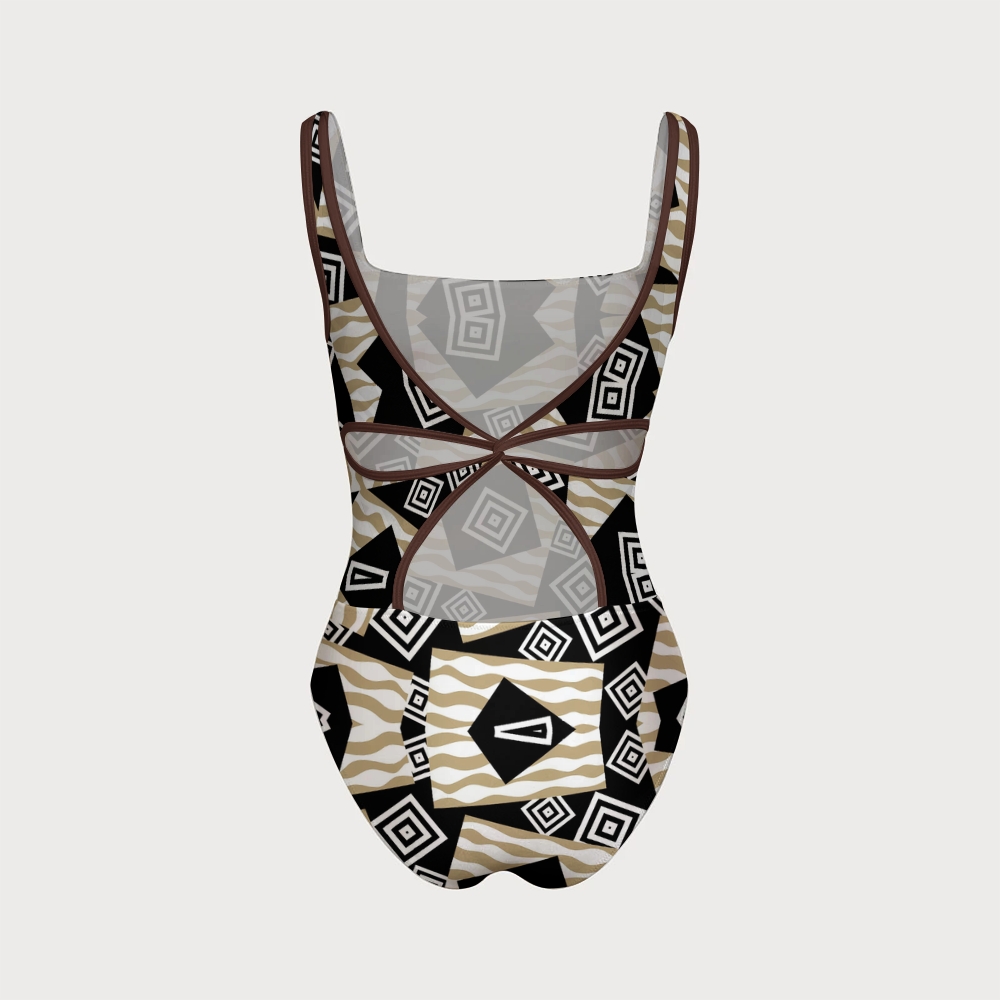 Geometric Colorblock Square Neck Crisscross Backless One-Piece