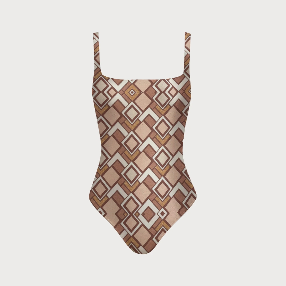 Earth Tone Geometric Crisscross Backless One-Piece