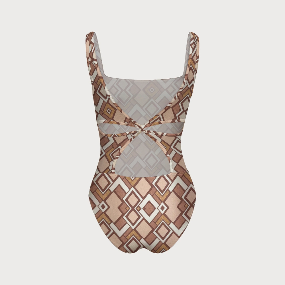 Earth Tone Geometric Crisscross Backless One-Piece