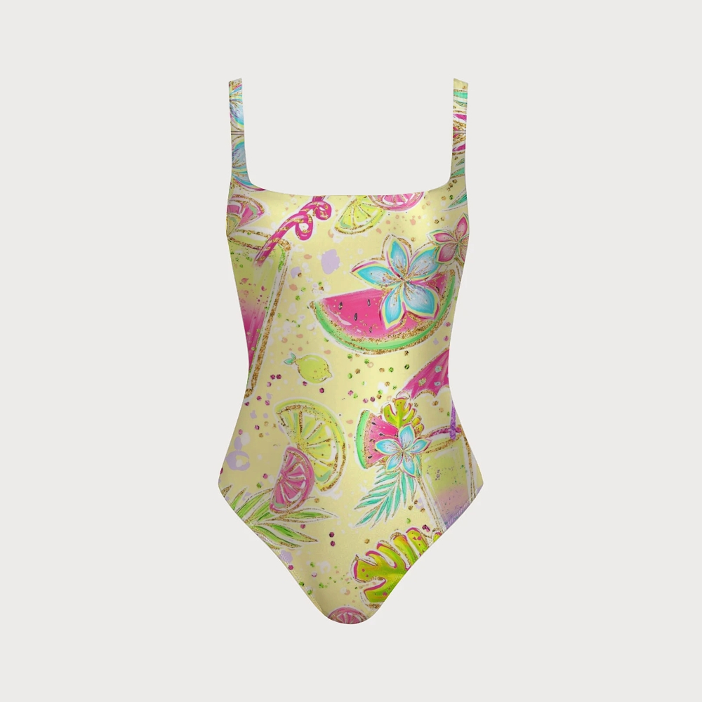 Tropical Fruit Square Neck Crisscross Backless One-Piece