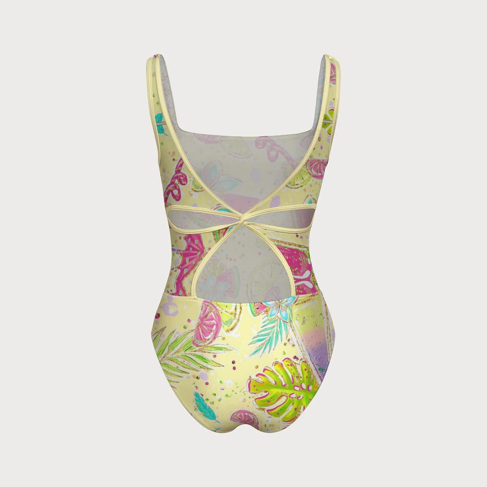 Tropical Fruit Square Neck Crisscross Backless One-Piece