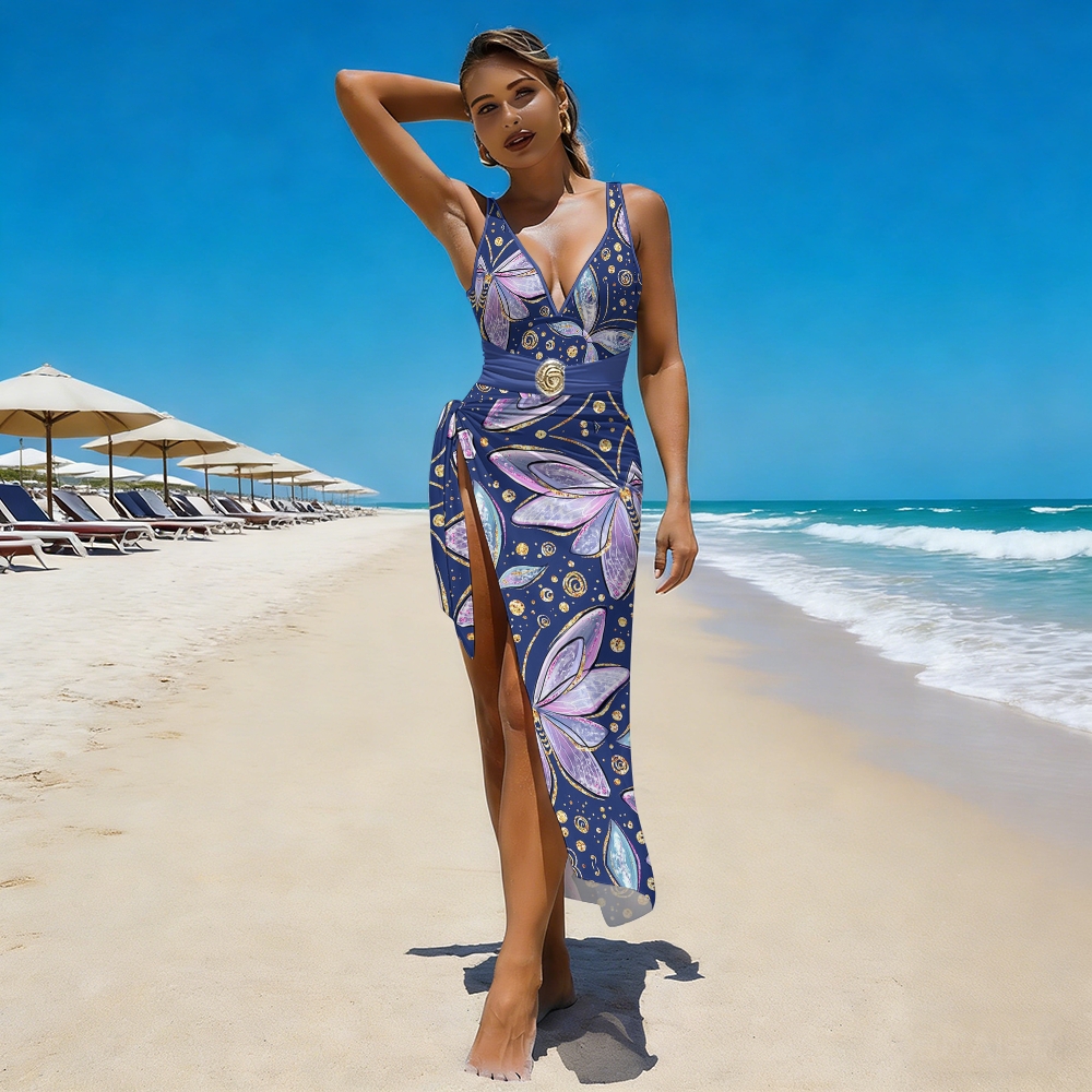 Purple Gold Butterfly Wing One-Piece with Matching Skirt Set