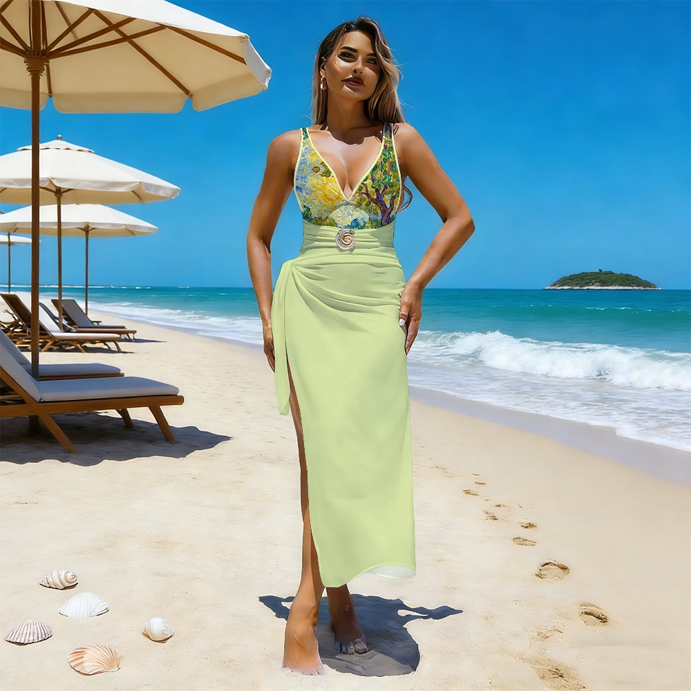 Van Gogh Floral Print Deep V One-Piece with Solid Skirt Set