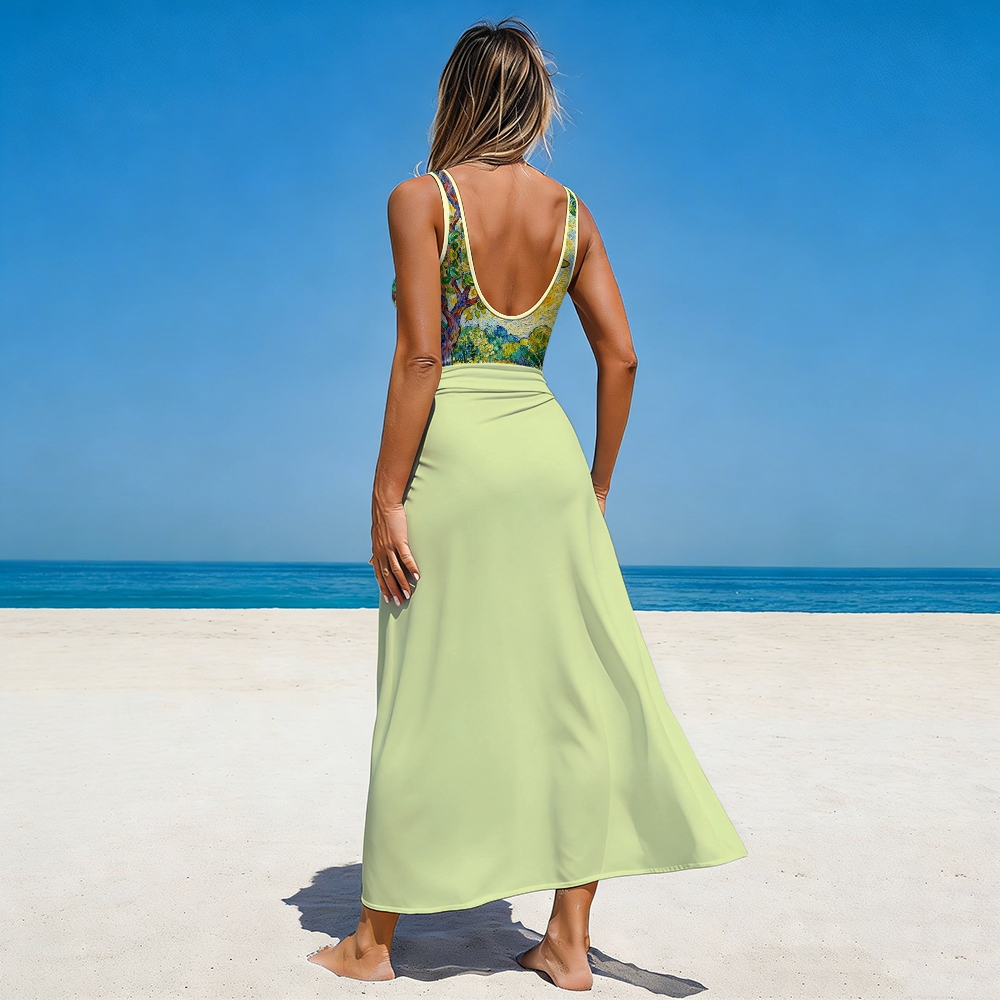 Van Gogh Floral Print Deep V One-Piece with Solid Skirt Set