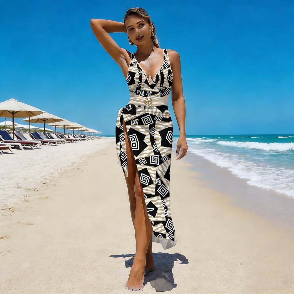 Retro Geometric Tribal One-Piece with Matching Skirt Set
