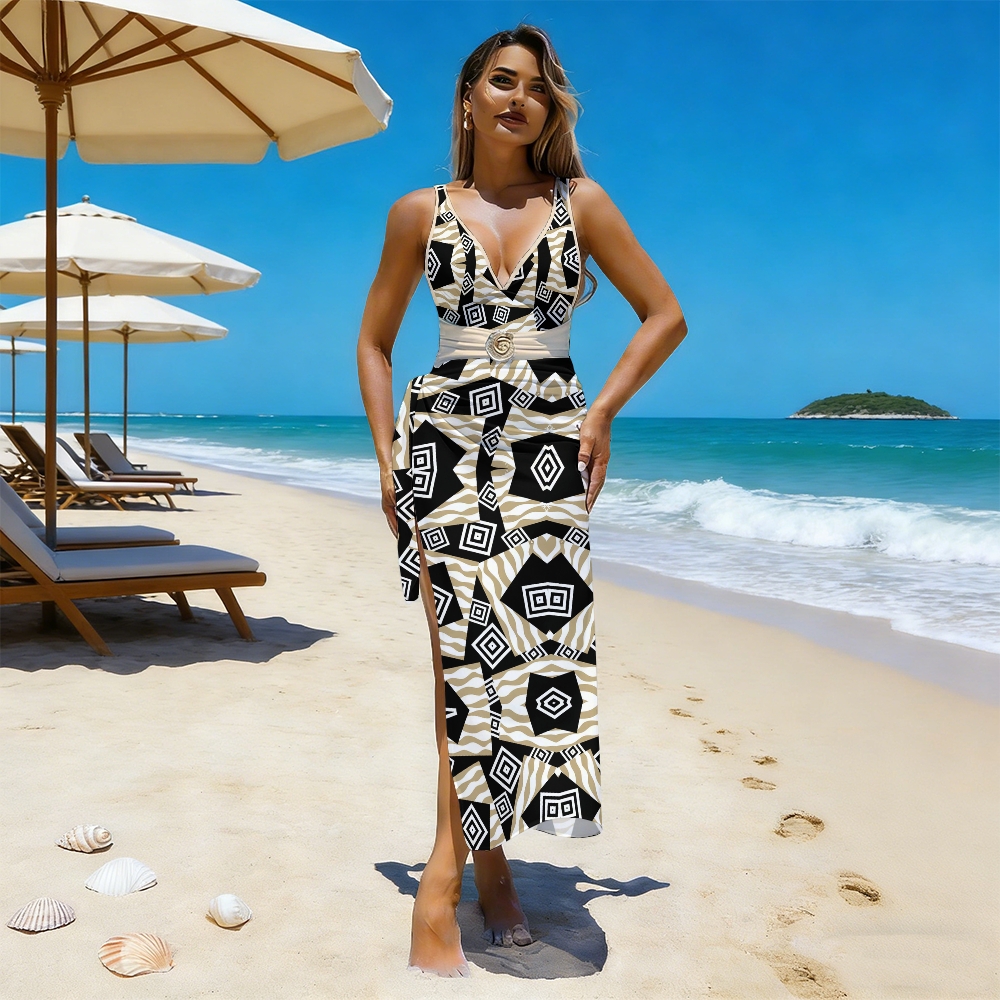 Retro Geometric Tribal One-Piece with Matching Skirt Set
