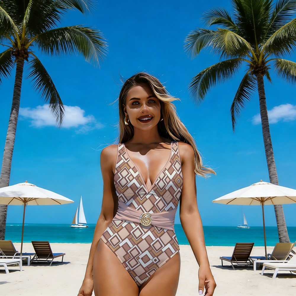 Retro Geometric Tribal Deep V One-Piece with Matching Skirt Set