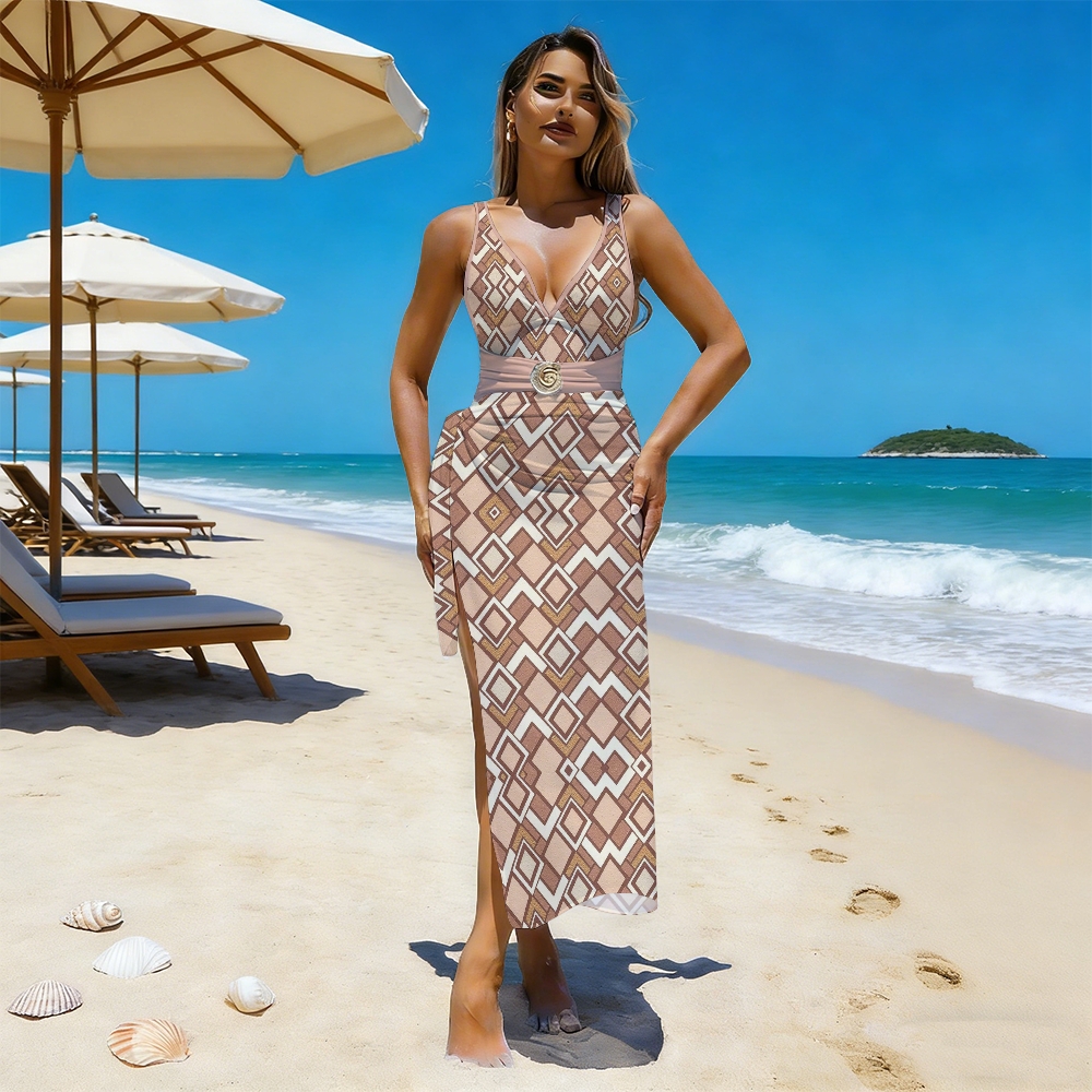 Retro Geometric Tribal Deep V One-Piece with Matching Skirt Set