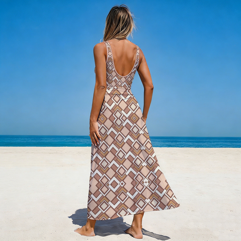 Retro Geometric Tribal Deep V One-Piece with Matching Skirt Set