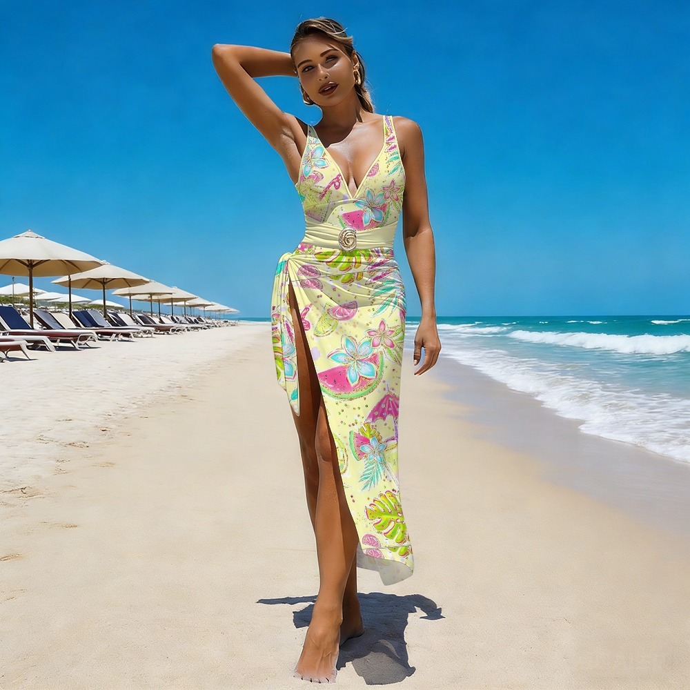 Tropical Fruit & Floral One-Piece with Matching Skirt Set