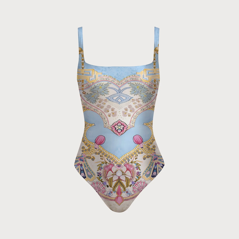 Symmetrical Jewel Floral One-piece With Back Mesh Knot
